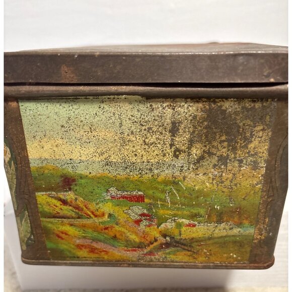 Thomas J Lipton Tea Tin Planters Hinge Lid Scenic Graphic Rustic Patina 9x6x4.5" - Picture 5 of 11
